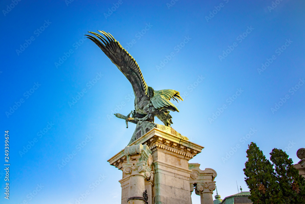 Eagle on the gate to the Buda castle, Budapest, Hungary. It is bronze statue on the hill.