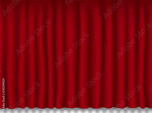 Beautiful red theatre curtain folded drapes on transparent background seamless texture.
