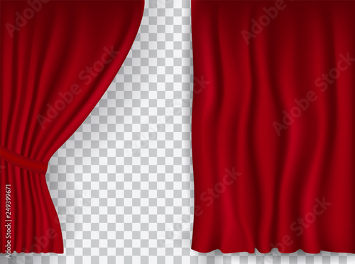 Beautiful red theatre folded curtain drapes on transparent background.