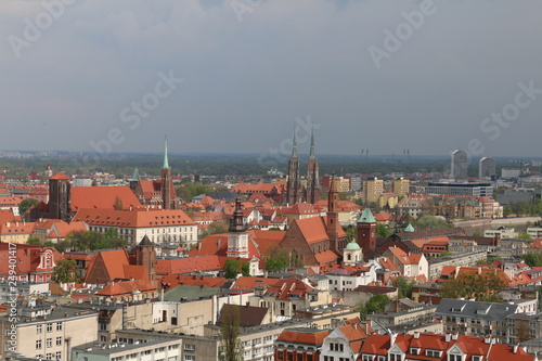 View from the tower of the church of Saint Elizabeth to the old town, the cathedral, Ostrów Tumski, churches, the Odra river, blocks of flats, the Olympic Stadium, dormitories. Wrocław, Breslau