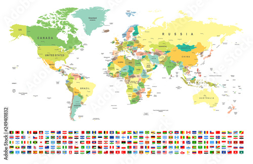 World Map and Flags - borders  countries and cities -illustration
