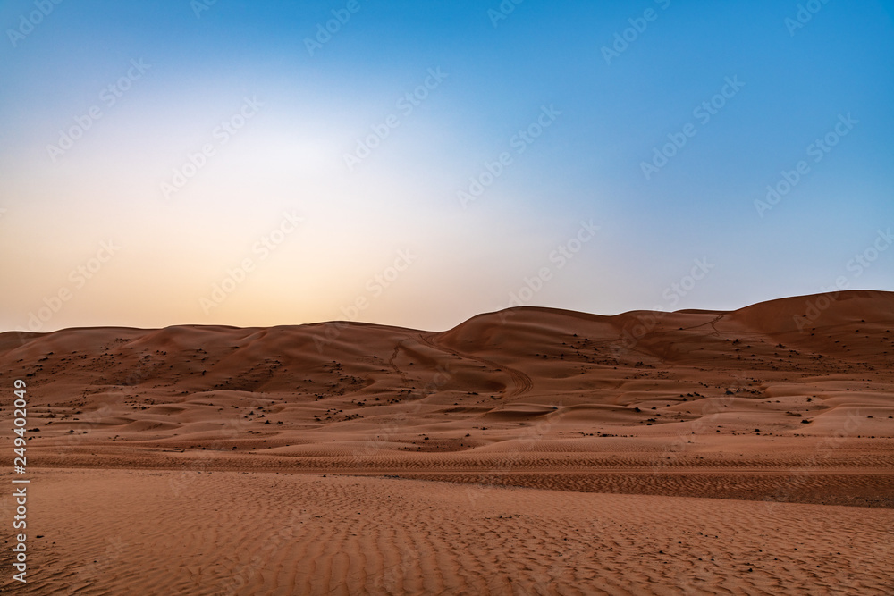 Wahiba Sands in Oman at early morning. It is known as Sharqiya Sands or Ramlat al-Wahiba.