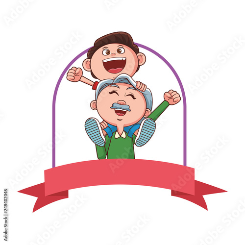 grandfather carrying grandson smiling banner