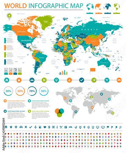 World Map and Flags - borders  countries and cities - infographic illustration