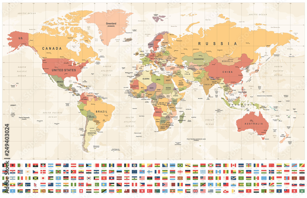 Naklejka Mapa świata i flagi - granice, kraje i miasta - vintage ilustracji