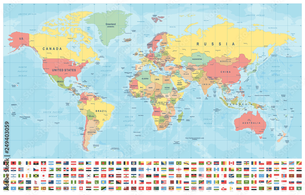 World Map and Flags - borders, countries and cities - vintage illustration
