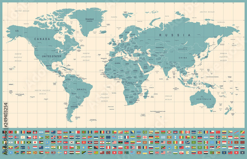 Fototapeta Naklejka Na Ścianę i Meble -  World Map and Flags - borders, countries and cities - vintage illustration