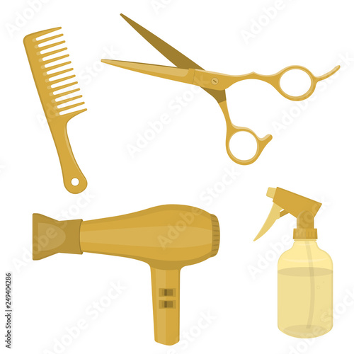 Hairdressing equipment. Scissors, hair dryer, hair comb and water spray bottle. Gold colored. Vector Illustration.