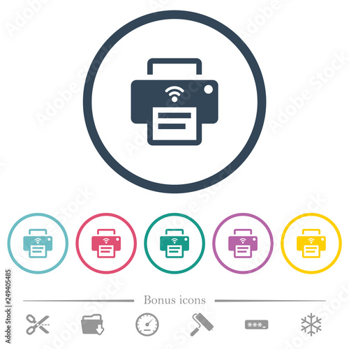 Wireless printer flat color icons in round outlines