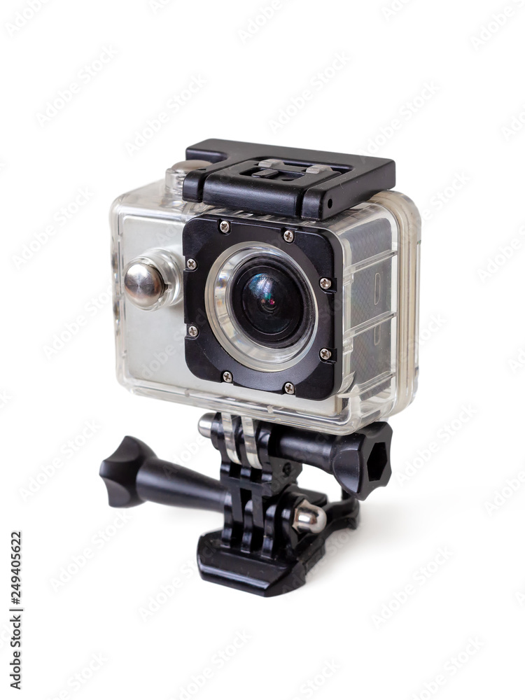 Digital action camera with transparent box for underwater video shooting and helmet mounts. Video camera for active people
