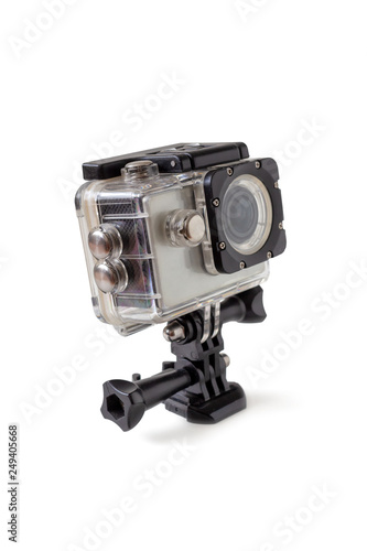 Digital action camera with special mounts and transparent box for underwater video shooting. Video camera for active lifestyle