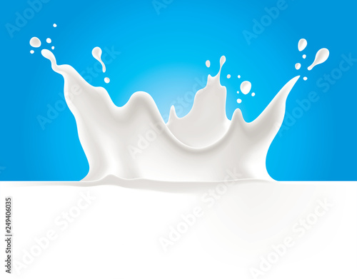 Cows, sheeps, goats, soya, rice, oat, hemp or coconut milk splash vector illustration on blue background