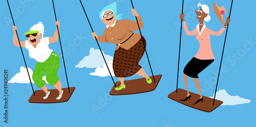 Three fun elderly women on swings, EPS 8 vector illustration