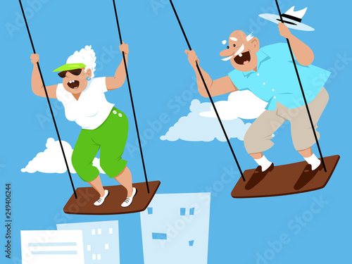 Fun elderly couple on swings, enjoying themselves, EPS 8 vector illustration
