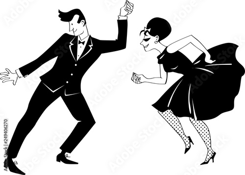 Young couple dressed in 1960s fashion dancing retro style, EPS 8 vector, no white objects