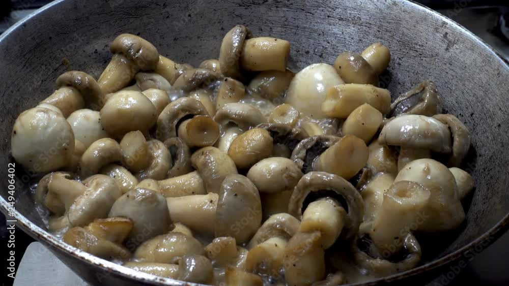 4K view of mushrooms roasting on a griddle. Stirring the mushroom with a spatula. 4K view of mushrooms roasting on a griddle. Stirring the mushroom with a spatula.