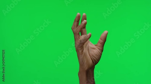 Female hands on green screen chroma background making gestures, perfekt, peace, fist, zoom in