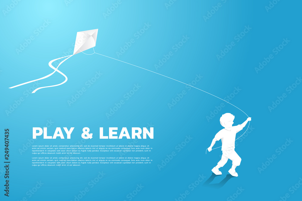 silhouette of boy running with flying kite in the sky. Concept of children play and learn. silhouette of boy running with flying kite in the sky. Concept of children play and learn.