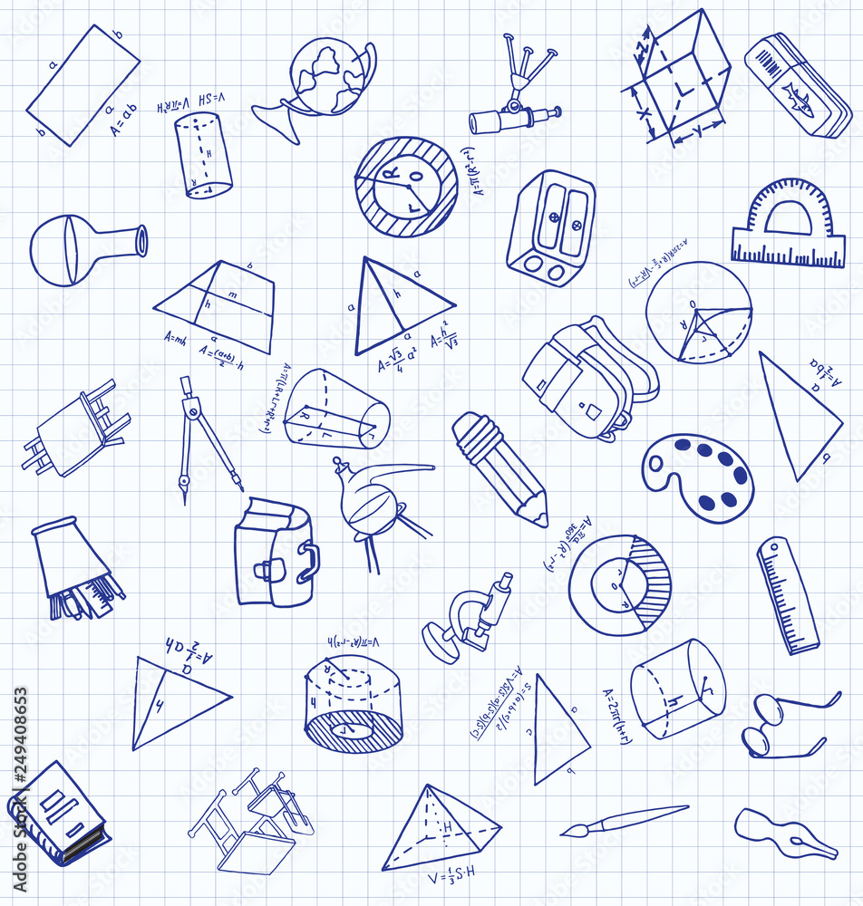 Vector set of secondary school icons in doodle style. Painted, drawn with a pen, on a sheet of checkered paper Vector set of secondary school icons in doodle style. Painted, drawn with a pen, on a sheet of checkered paper