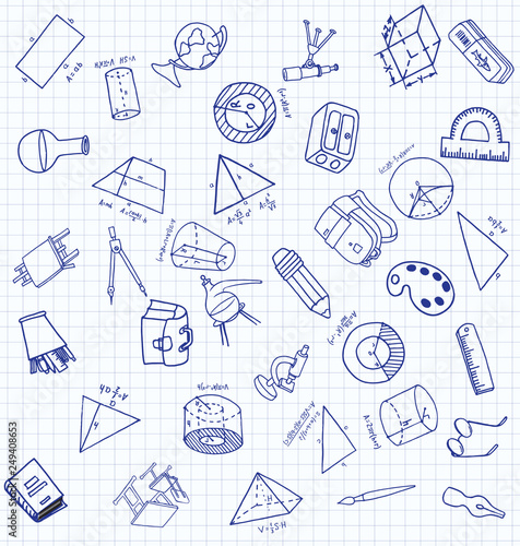 Vector set of secondary school icons in doodle style. Painted, drawn with a pen, on a sheet of checkered paper