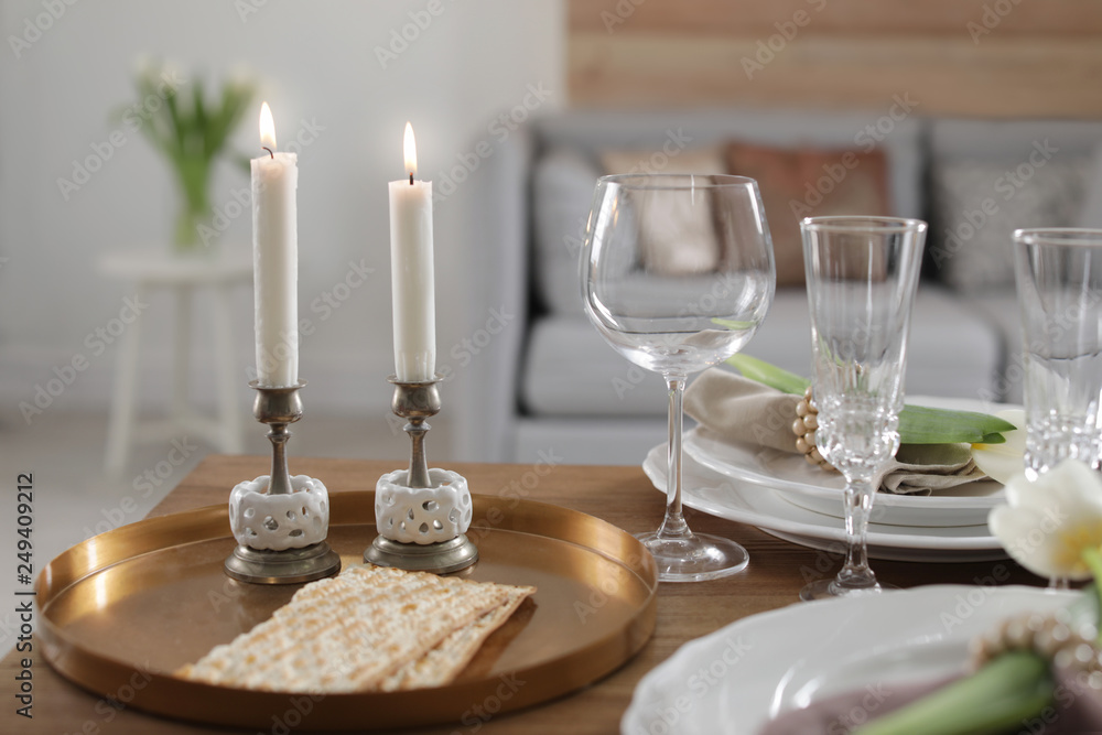 Festive Passover table setting at home. Pesach celebration Festive Passover table setting at home. Pesach celebration