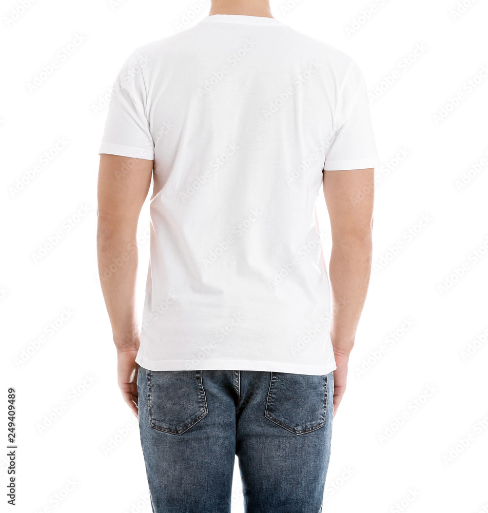 Obraz premium Young man on white background, closeup. Weight loss