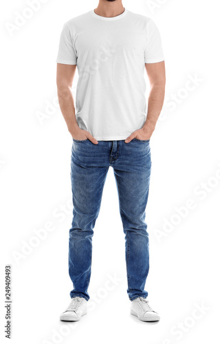 Young man on white background, closeup. Weight loss