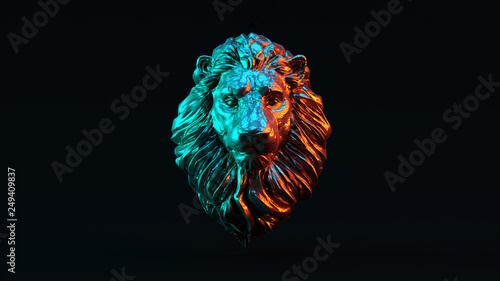 Silver Adult Male Lion with Red Blue Green Moody 80s lighting Front 3d illustration 3d render
