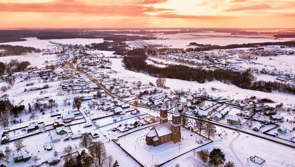 Rural winter scene. Aerial view
