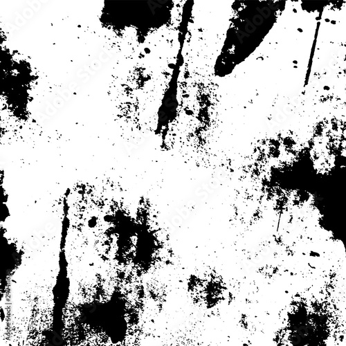 Black and white vector grunge texture background featuring heavy ink splatters, vertical paint drip streaks, dark blotches, and coarse grit noise overlay.