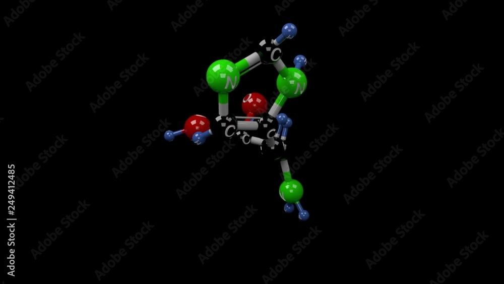 Histidine molecule. Molecular structure of essential amino acid histidine, required for the production of histamine. Alpha channel. Histidine molecule. Molecular structure of essential amino acid histidine, required for the production of histamine. Alpha channel.