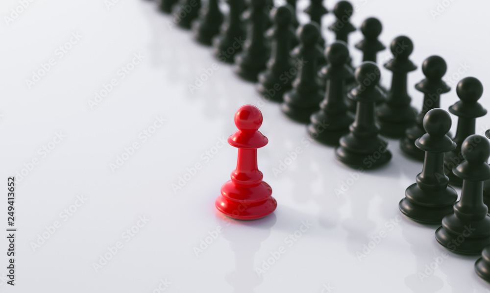 Leadership concept, red pawn of chess, standing out from the crowd of blacks Leadership concept, red pawn of chess, standing out from the crowd of blacks