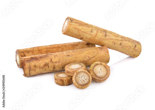 fresh burdock root or Gobo stick and sliced on white background