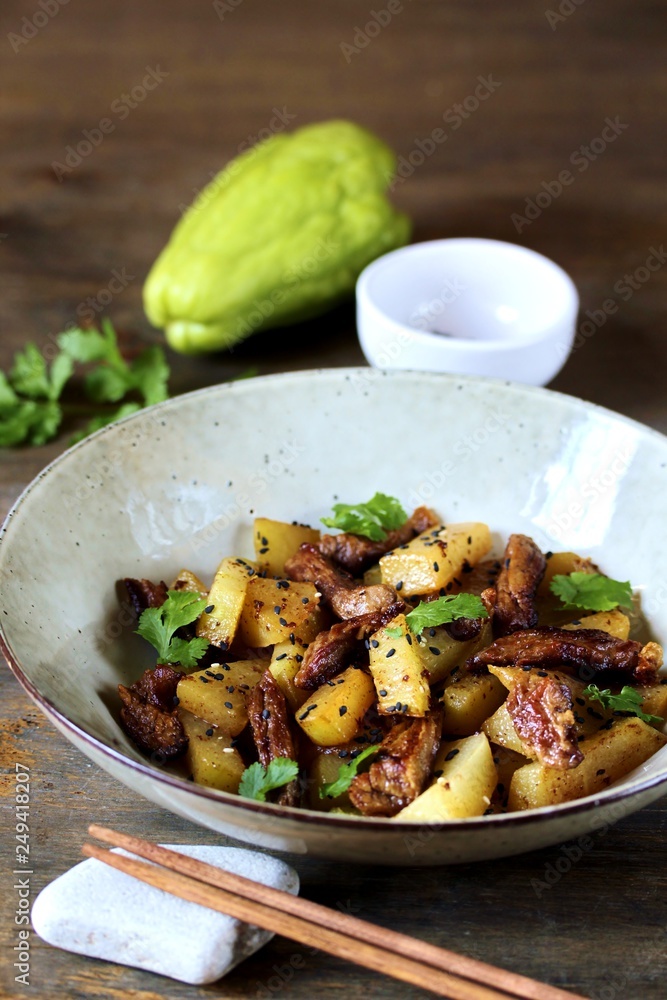 chayote with beef and sesame in asian style. The dish is popular in Asia, especially in Vietnam. recipe with chayote. chayote with beef and sesame in asian style. The dish is popular in Asia, especially in Vietnam. recipe with chayote.