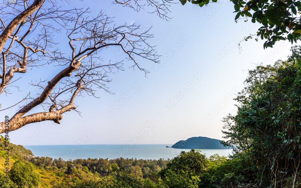 Panorama landscape of tropical island beach with mountain and blue sky background at Prachuap Khiri Khan Thailand. View point