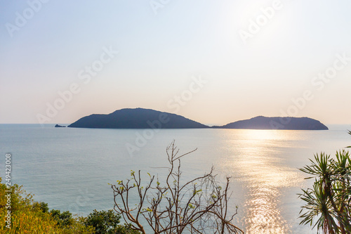 Panorama landscape of tropical island beach with mountain and blue sky background at Prachuap Khiri Khan Thailand. View point photo