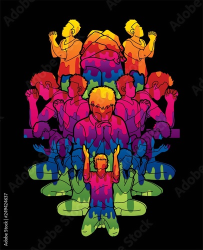 Group of people pray to God , Prayer, Praise to the Lord , Double exposure cartoon graphic vector