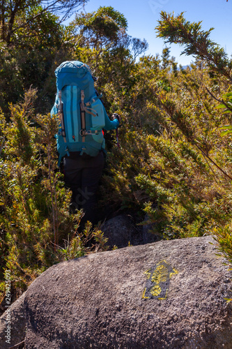 People walking with great backpacks in mountain landscape - trekking hiking mountaneering in mantiqueira range Brazil photo