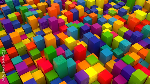 3d rendering background with many rows of bright colorful cubes, computer generated backdrop