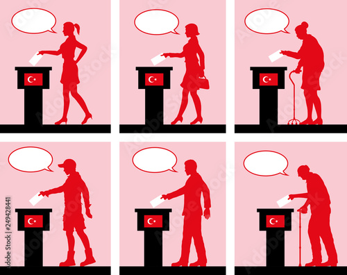 Turkish citizens voting for election in Turkey with speech bubble