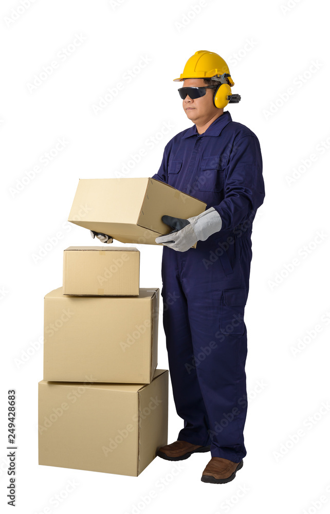 worker in Mechanic Jumpsuit with stack of boxes isolated on white background worker in Mechanic Jumpsuit with stack of boxes isolated on white background