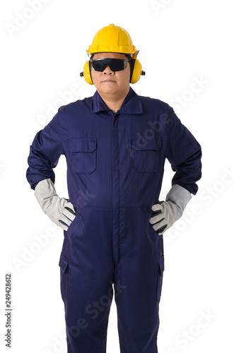portrait of a worker in Mechanic Jumpsuit isolated on white background