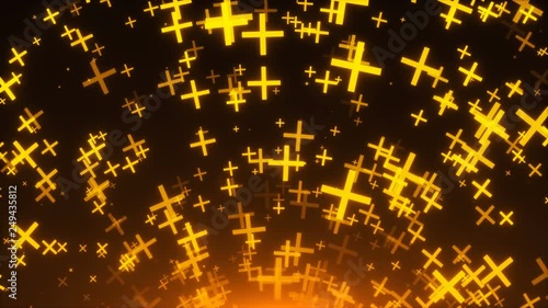 Many gold crosses are in space, 3d rendering background, golden explosion of particles, computer generated backdrop