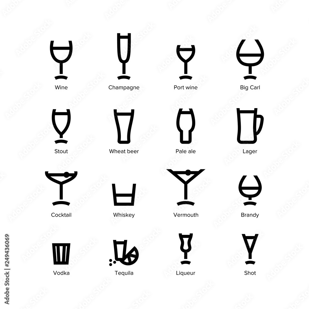 Alcohol drinks glass icons vector set Alcohol drinks glass icons vector set