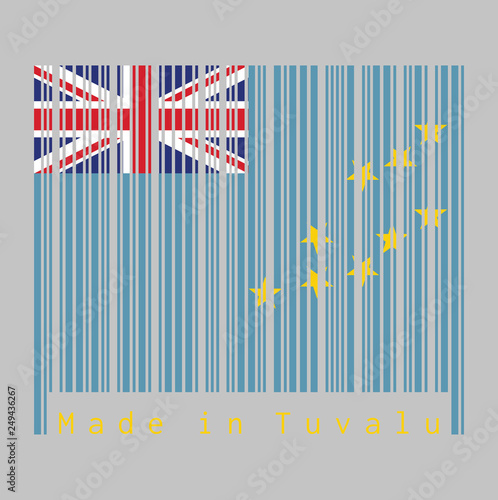 Barcode set the color of Tuvalu flag, a Light Blue Ensign with the Map of the Island of nine yellow stars. text: Made in Tuvalu.