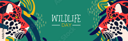 Wildlife day web banner of leopard in jungle