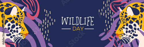 Wildlife day web banner of leopard in jungle