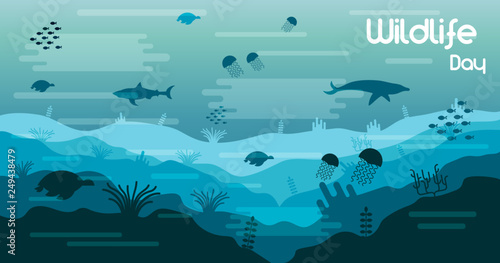 Wildlife Day card of sea animals in coral reef