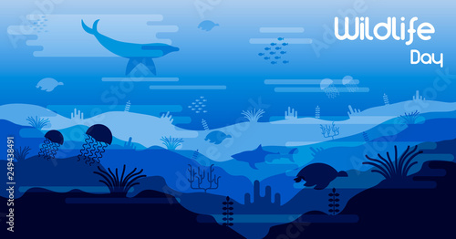 Wildlife Day card of sea animals in coral reef