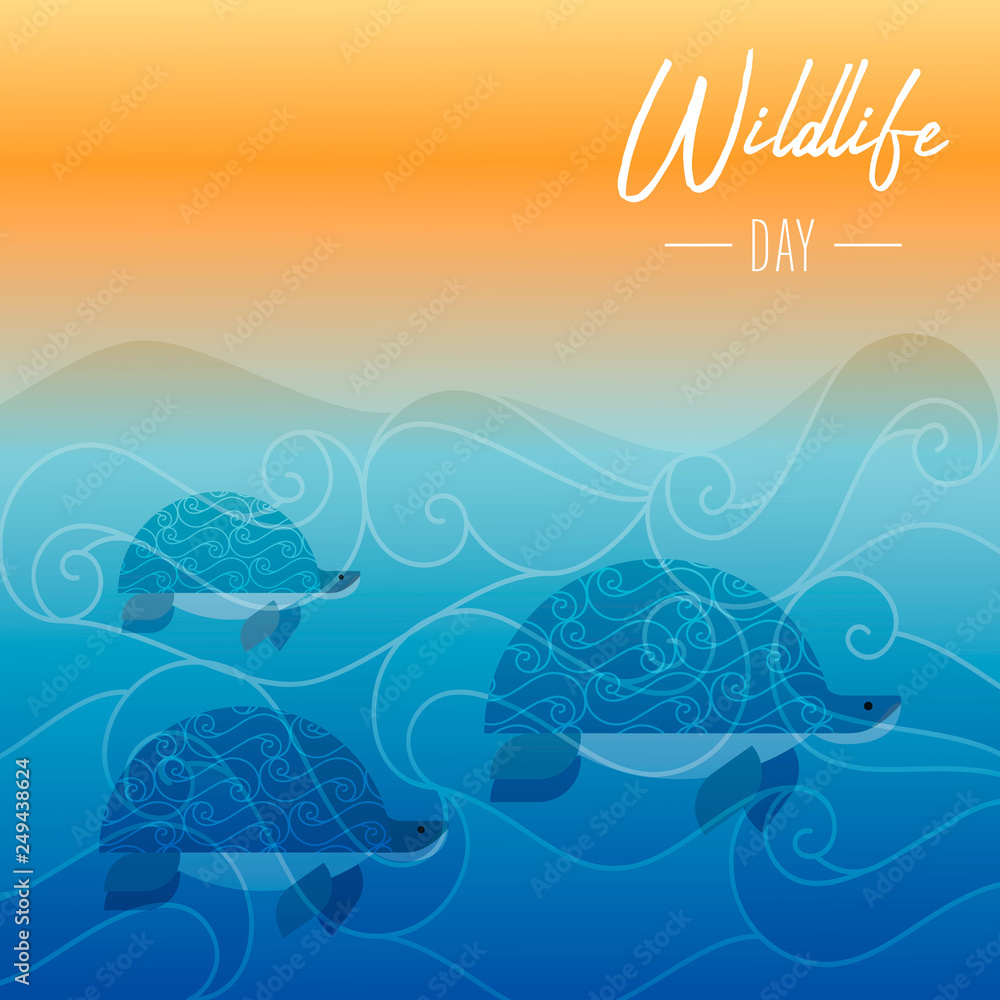 Obraz premium Wildlife Day card of turtles swimming underwater